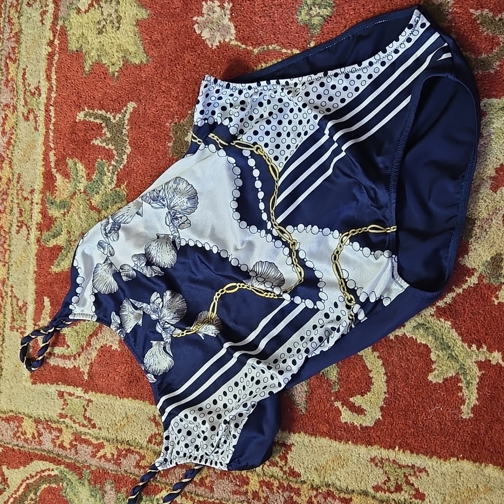 Vintage Nautical Navy Shell One Piece Swimsuit